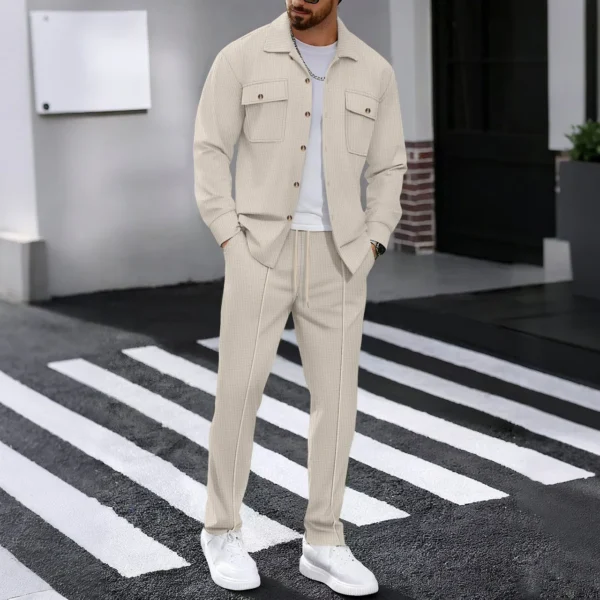 New men’s solidcolor waffle longsleeved pants set  high quality fashionable comfortable with doublepocketsworkwearstyle cardigan