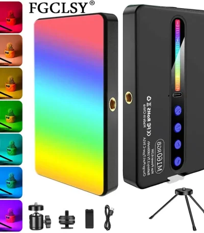 LED RGB Camera Light Full Color Output Video Light Kit Dimmable 2700K-6500K Bi-Color Panel Light CRI 95+ Rechargeable 1800mAh