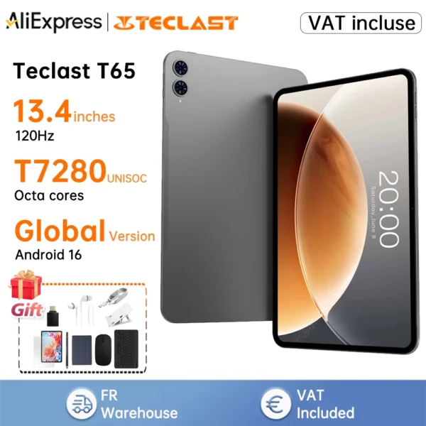 Teclast Android 16 T65 Tablet 13.4″ 26GB RAM(6GB+20GB) 256GB ROM 120Hz 1920x120IPS T7280 8-core 4G LTE 8000mAh Type-C GPS 13MP