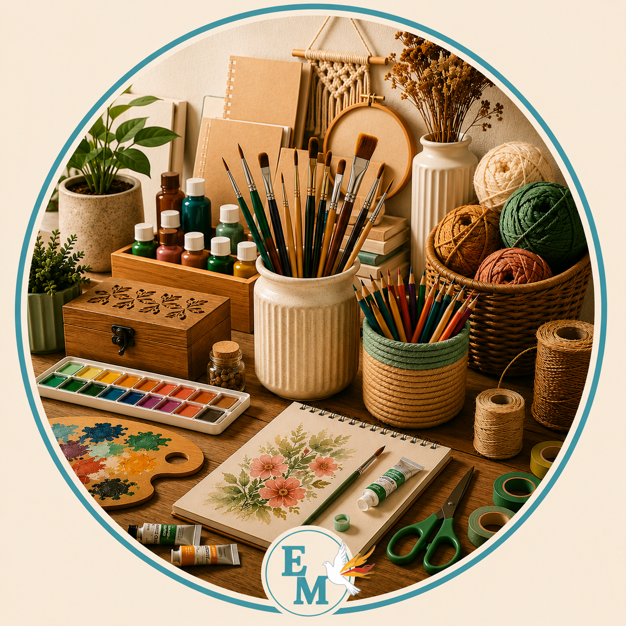 Arts & Crafts supplies including paintbrushes, watercolor paints, colored pencils, yarn, sketchbooks, and creative DIY materials on a warm artisan workspace – E-Mondial Marché