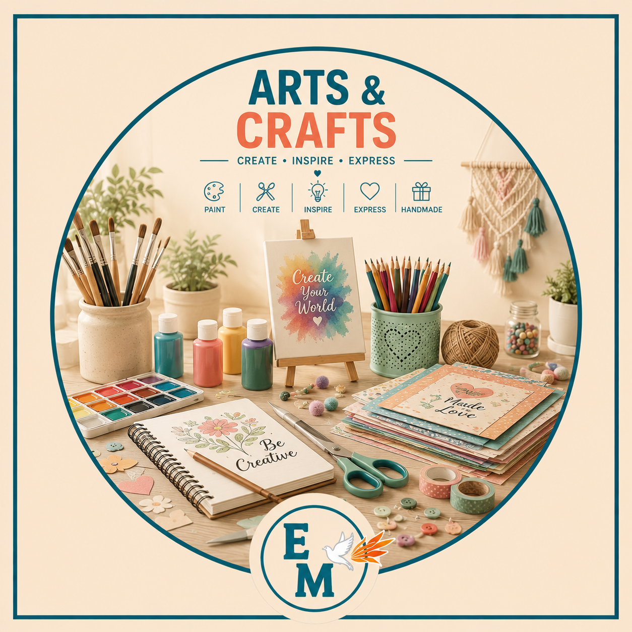 Arts & Crafts supplies including paintbrushes, watercolor paints, colored pencils, yarn, sketchbooks, and creative DIY materials on a warm artisan workspace – E-Mondial Marché