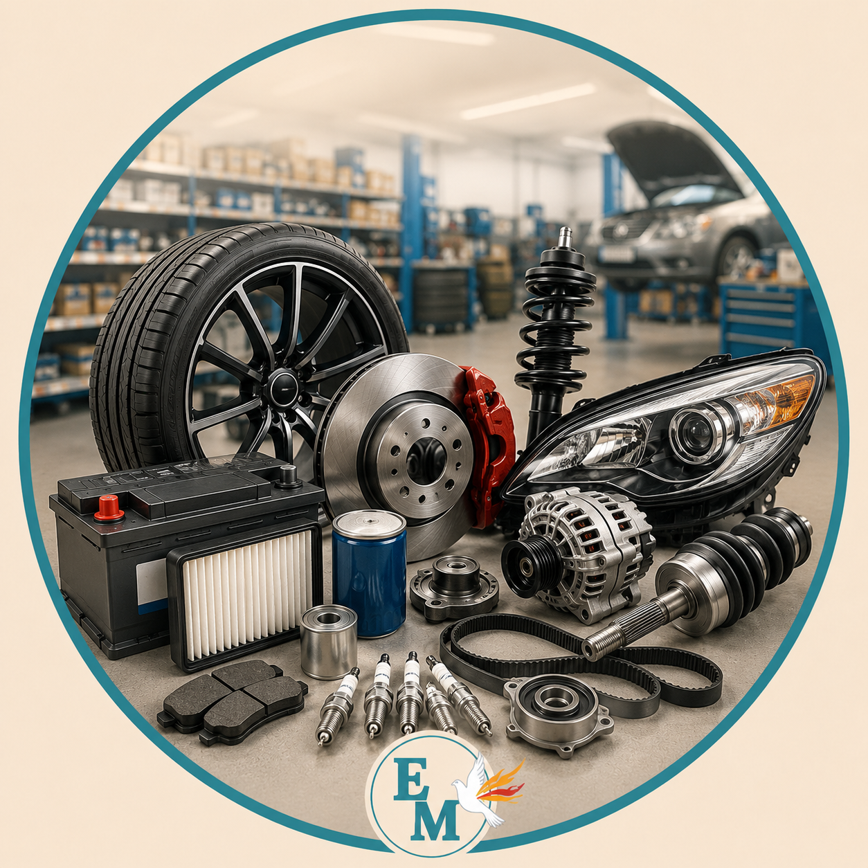 Auto parts including tires, alloy wheels, brake discs, batteries, filters, headlights, alternators, spark plugs, suspension parts and engine components – Auto Parts category at E-Mondial Marché.
