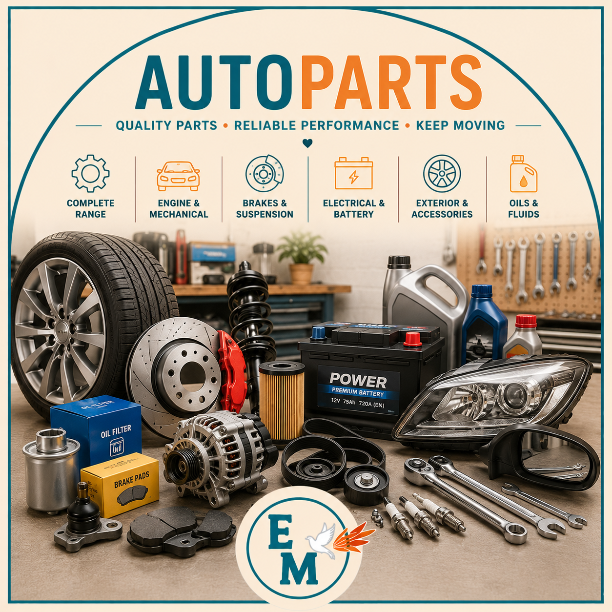 Auto parts including engine components, brakes, suspension parts, filters, lighting, batteries, tires, wheels, replacement parts and automotive accessories for vehicle maintenance, repair and performance – Auto Parts category at E-Mondial Marché.