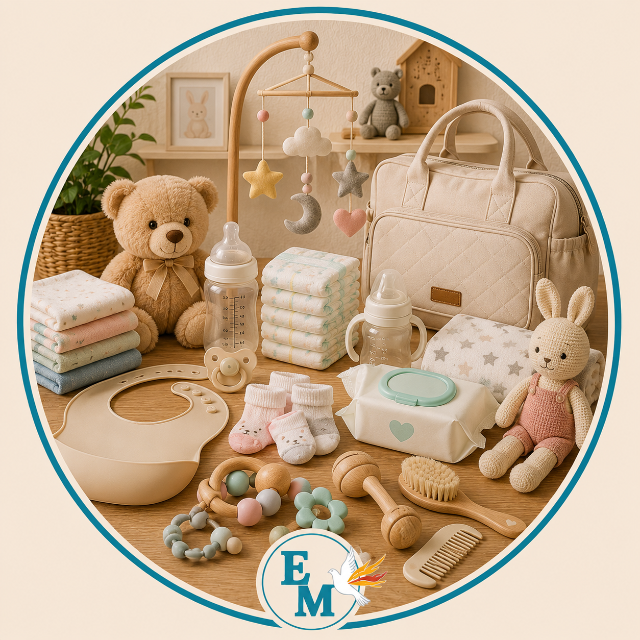 Baby accessories including diaper bag, baby bottles, bibs, diapers, wipes, pacifiers, teething toys, baby socks, blankets and nursery essentials – Baby Accessories category at E-Mondial Marché.