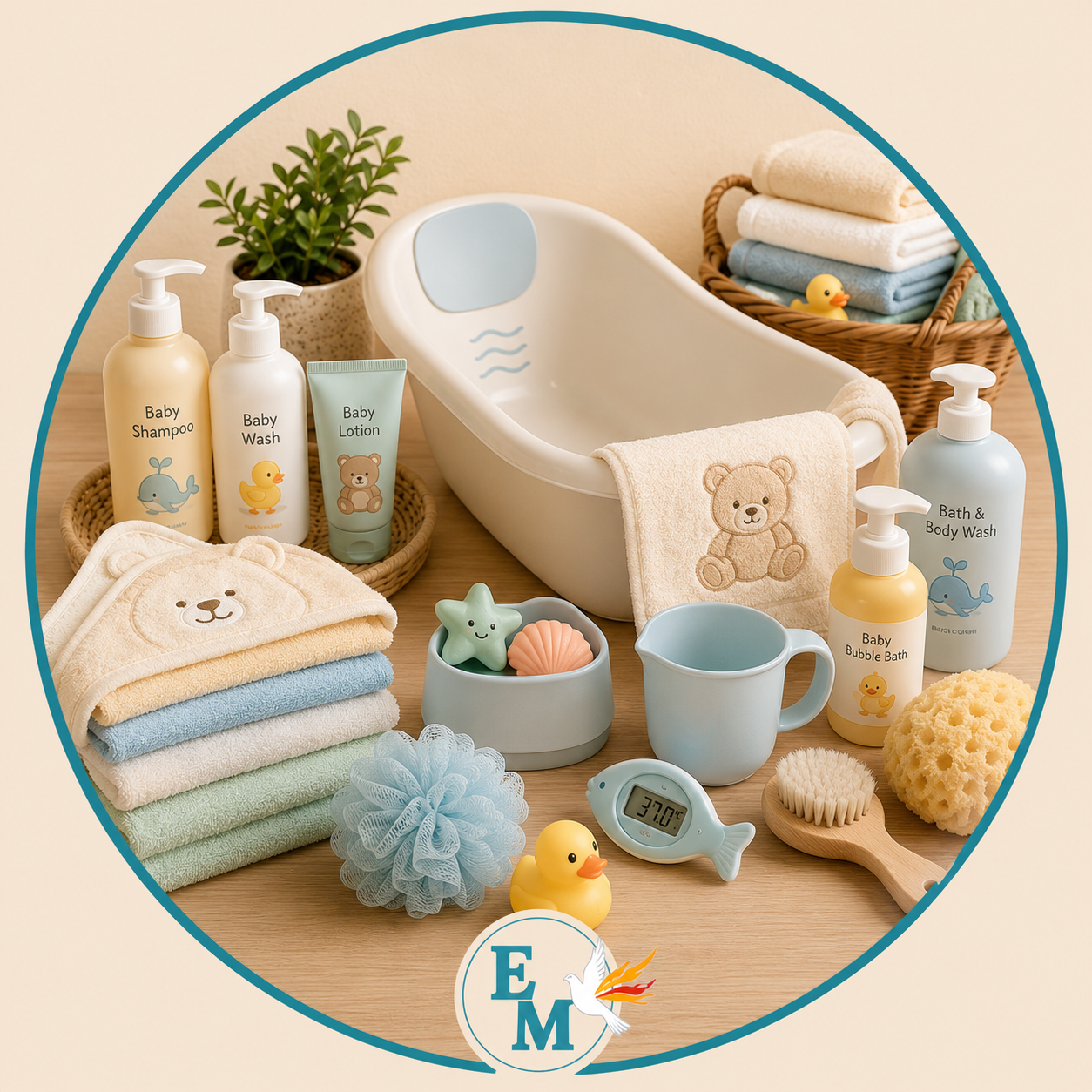 Baby bathing essentials including baby bathtub, hooded towels, baby shampoo, baby wash, bath toys, sponge, soft brush, rinse cup, thermometer and infant bath accessories – Baby Bathing category at E-Mondial Marché.