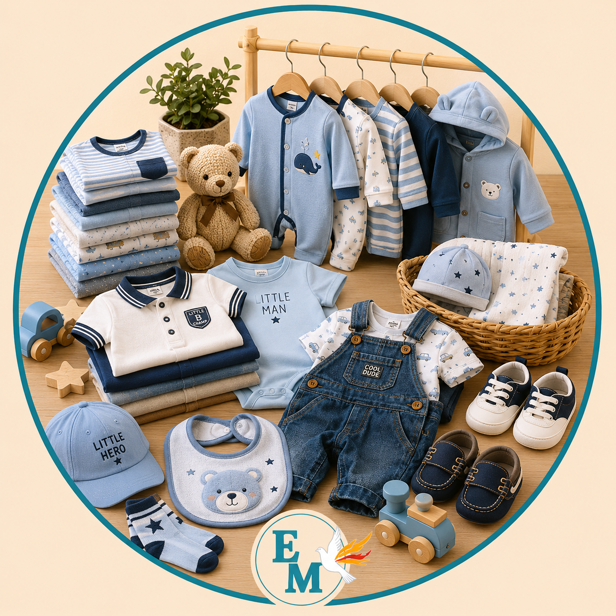 Baby boy clothing including bodysuits, rompers, pajamas, T-shirts, overalls, hoodies, hats, bibs, socks, shoes and newborn essentials – Baby Boy Clothing category at E-Mondial Marché.