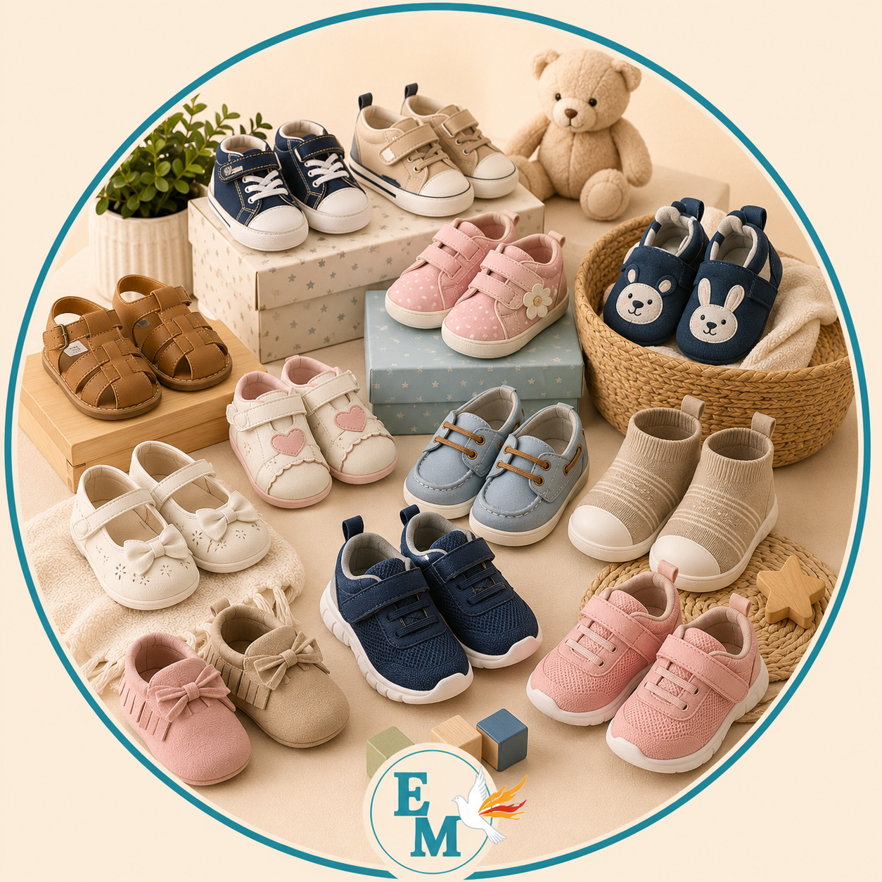 Baby boys and girls shoes including sneakers, sandals, soft sole shoes, booties, slip-ons and first walking shoes – Baby Boys & Girls Shoes category at E-Mondial Marché.