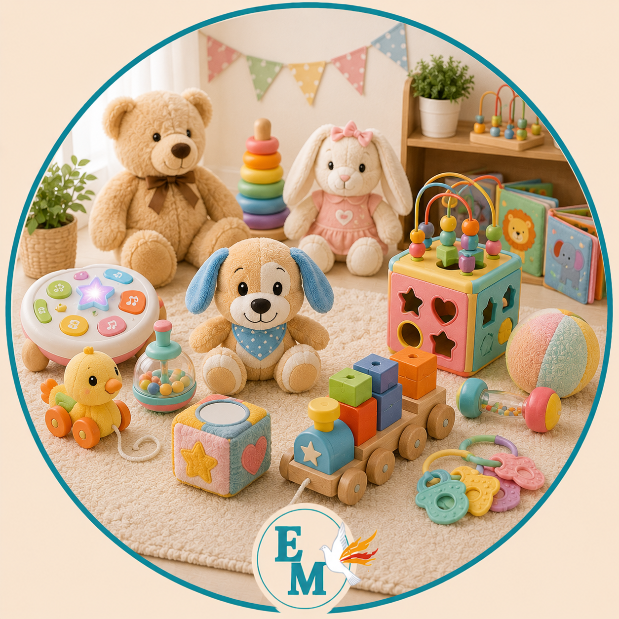 Baby toys including plush toys, educational toys, stacking rings, activity cubes, rattles, teething toys, wooden blocks, sensory toys and early learning toys – Baby Toys category at E-Mondial Marché.