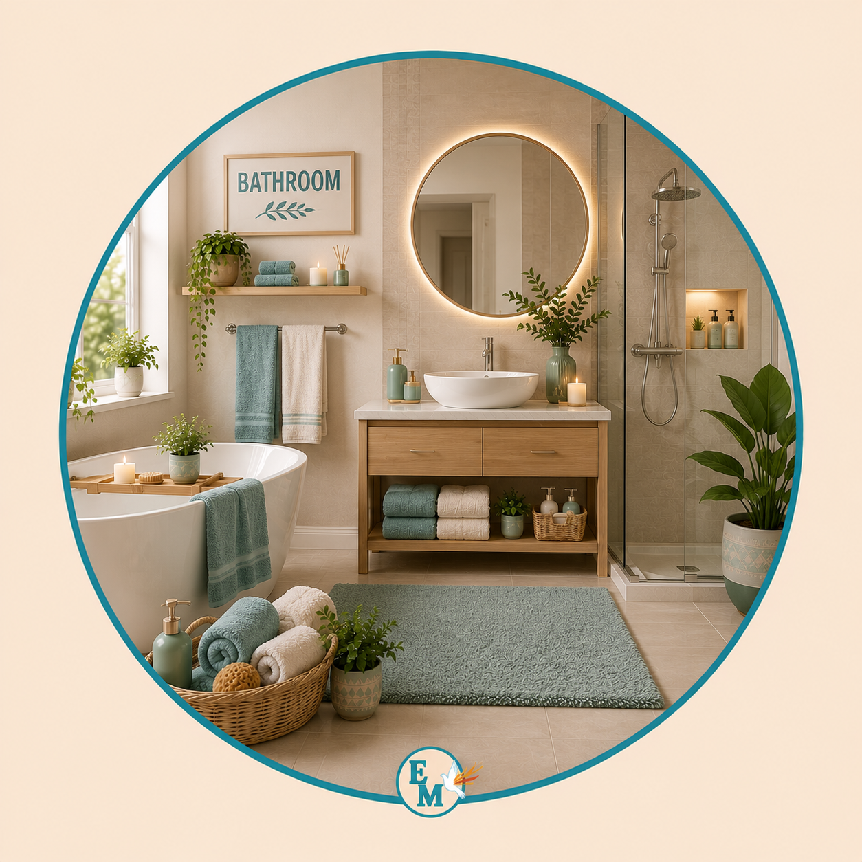 Modern bathroom featuring a freestanding bathtub, walk-in shower, elegant vanity, premium towels, bathroom accessories, luxury décor and spa-inspired essentials – Bathroom category at E-Mondial Marché.