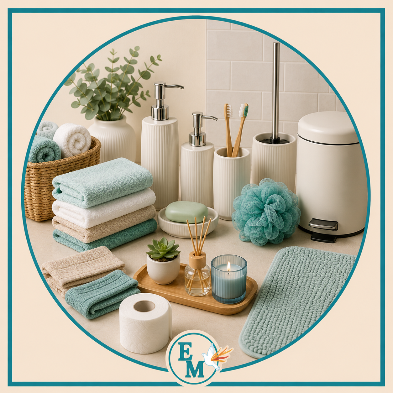 Modern bathroom featuring a freestanding bathtub, walk-in shower, elegant vanity, premium towels, bathroom accessories, luxury décor and spa-inspired essentials – Bathroom category at E-Mondial Marché.