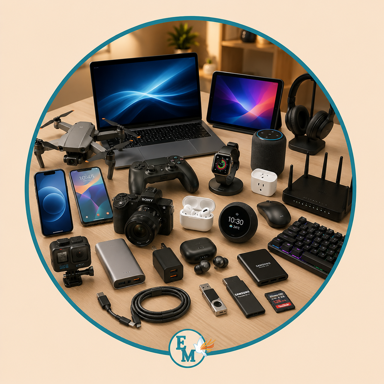 Electronics including laptops, smartphones, tablets, drones, digital cameras, gaming controllers, smartwatches, wireless headphones, Bluetooth speakers, routers, action cameras, power banks, SSD drives, USB flash drives, memory cards, charging accessories, and smart electronic devices – Electronics category at E-Mondial Marché.