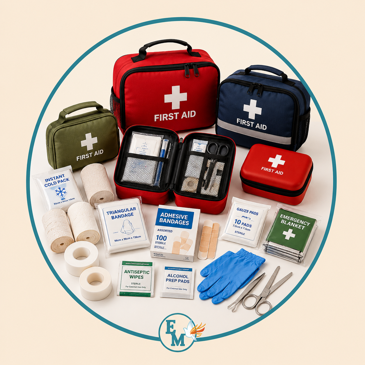 First aid kits including emergency first aid bags, medical kits, adhesive bandages, sterile gauze pads, elastic bandages, antiseptic wipes, adhesive tape, scissors, tweezers, disposable gloves, instant cold packs, emergency blankets, and essential medical supplies for home, travel, office, vehicle, and outdoor use – First Aid Kits category at E-Mondial Marché.
