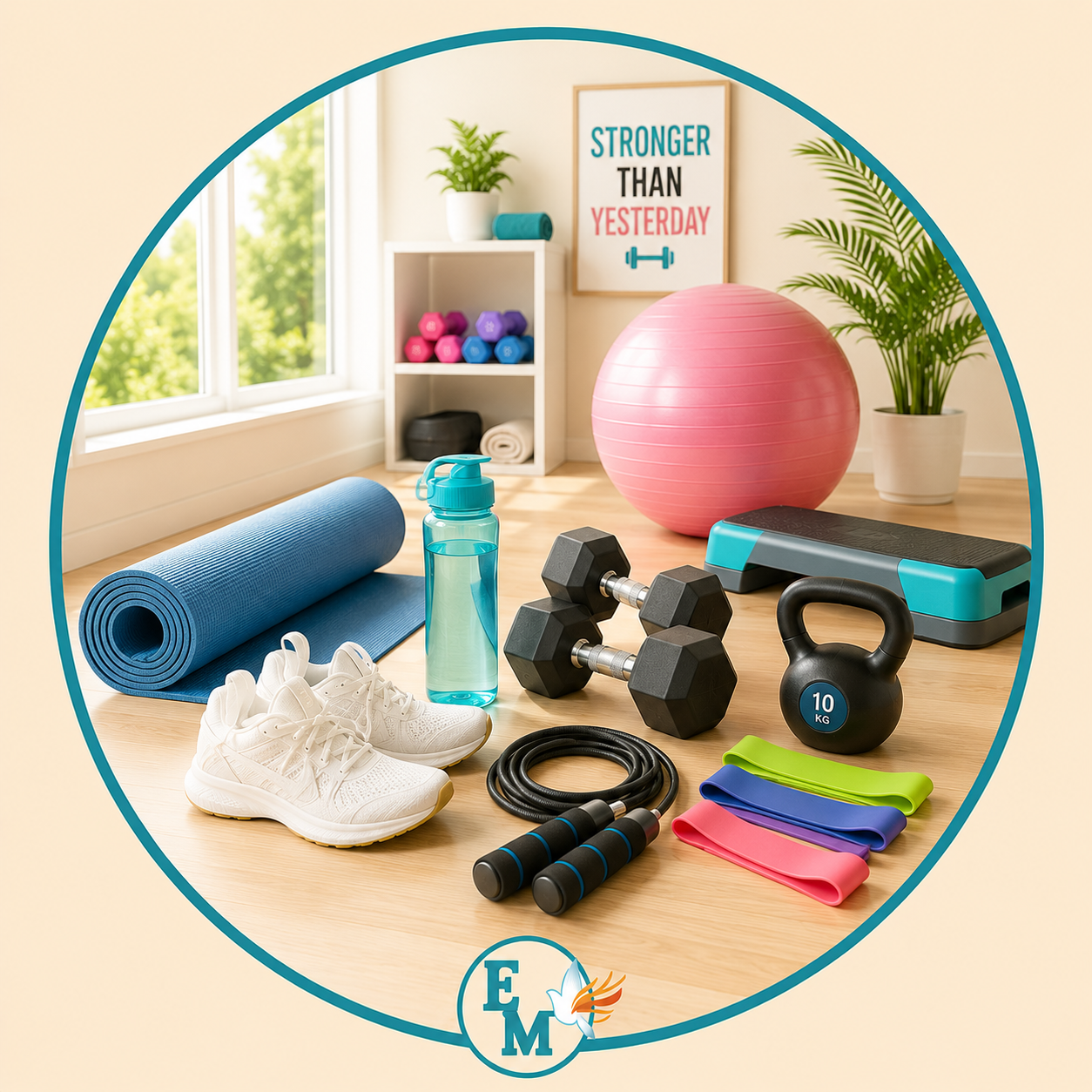 Fitness equipment including dumbbells, kettlebells, yoga mats, resistance bands, jump ropes, step platforms, exercise balls, training shoes, water bottles, home workout accessories, strength training equipment, cardio fitness gear, and exercise essentials – Fitness category at E-Mondial Marché.