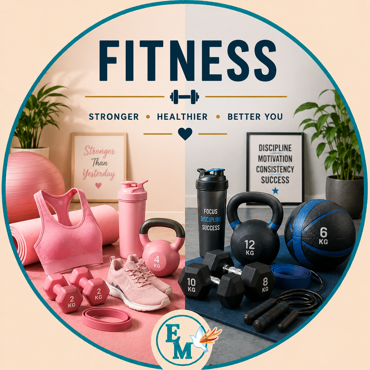 Fitness equipment including dumbbells, kettlebells, yoga mats, resistance bands, jump ropes, step platforms, exercise balls, training shoes, water bottles, home workout accessories, strength training equipment, cardio fitness gear, and exercise essentials – Fitness category at E-Mondial Marché.