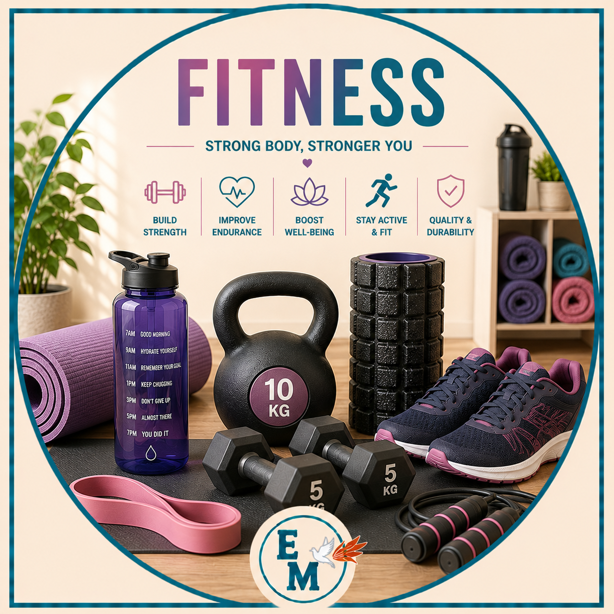 Fitness equipment including dumbbells, kettlebells, yoga mats, resistance bands, jump ropes, step platforms, exercise balls, training shoes, water bottles, home workout accessories, strength training equipment, cardio fitness gear, and exercise essentials – Fitness category at E-Mondial Marché.
