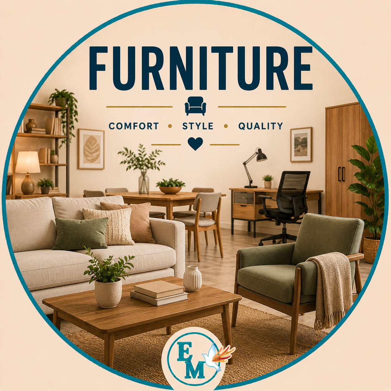 Furniture including sofas, armchairs, coffee tables, TV stands, dining tables, dining chairs, bookshelves, storage cabinets, sideboards, floor lamps, living room furniture, home décor, modern furniture, and stylish interior furnishings – Furniture category at E-Mondial Marché.