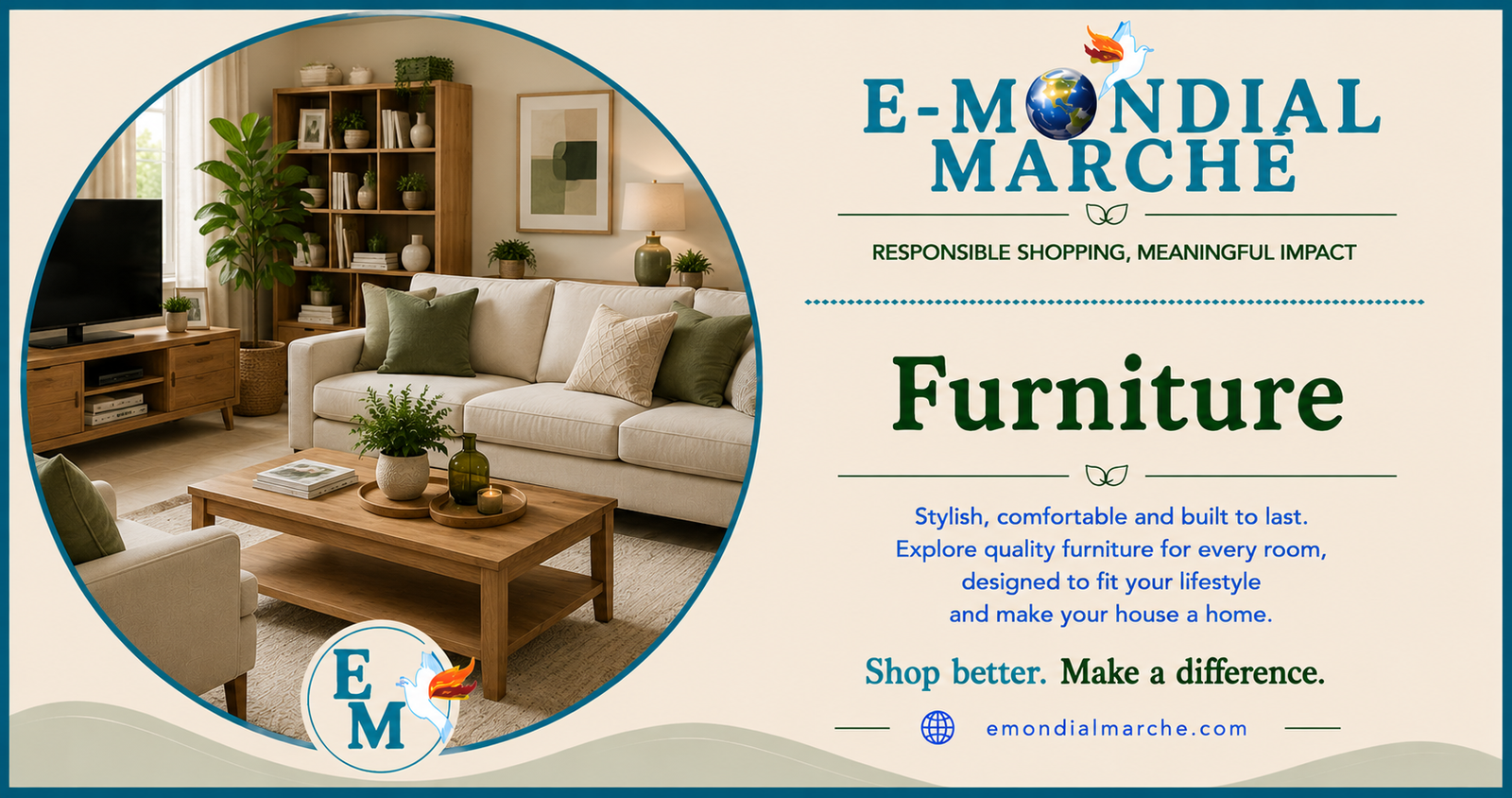 Furniture portal on E-Mondial Marché featuring trusted marketplaces, buying guides, FAQs and related categories.