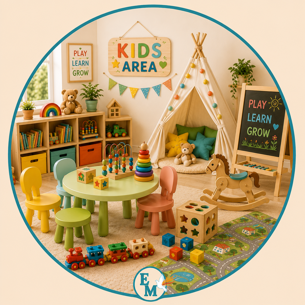 Kids area featuring a play table, children's chairs, reading corner, teepee tent, toy storage, educational toys, plush animals and a cozy play space – Kids Area category at E-Mondial Marché.