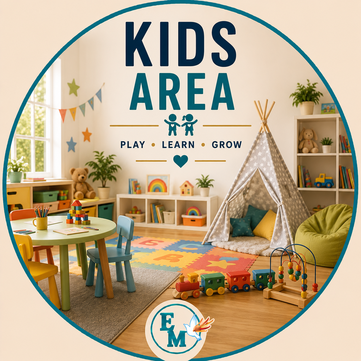 Kids area featuring a play table, children's chairs, reading corner, teepee tent, toy storage, educational toys, plush animals and a cozy play space – Kids Area category at E-Mondial Marché.