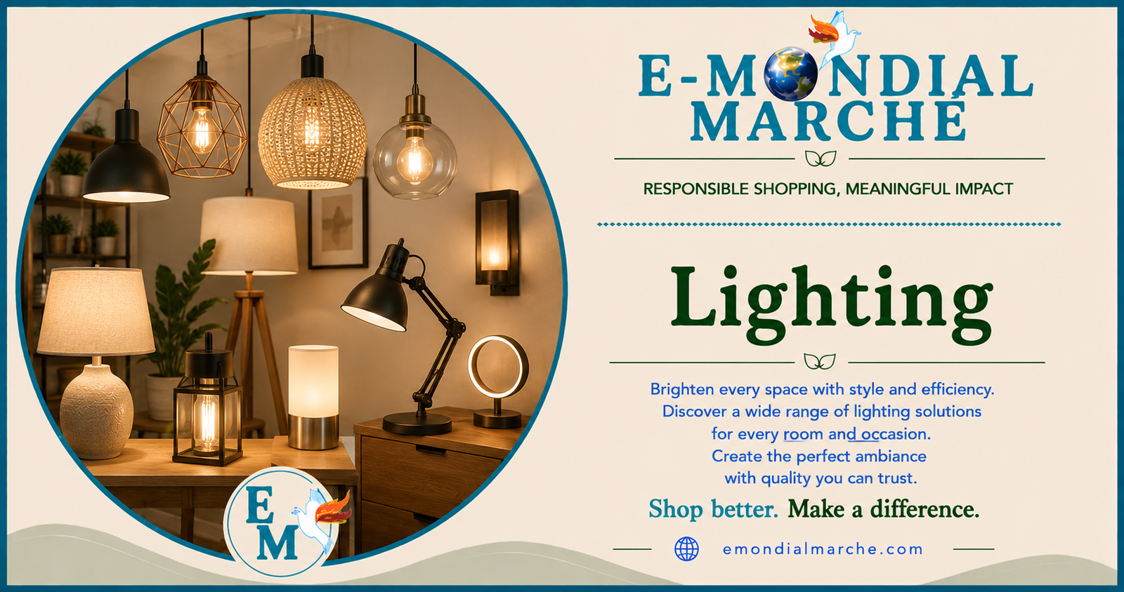 Lighting portal on E-Mondial Marché featuring trusted marketplaces, buying guides, FAQs and related categories.