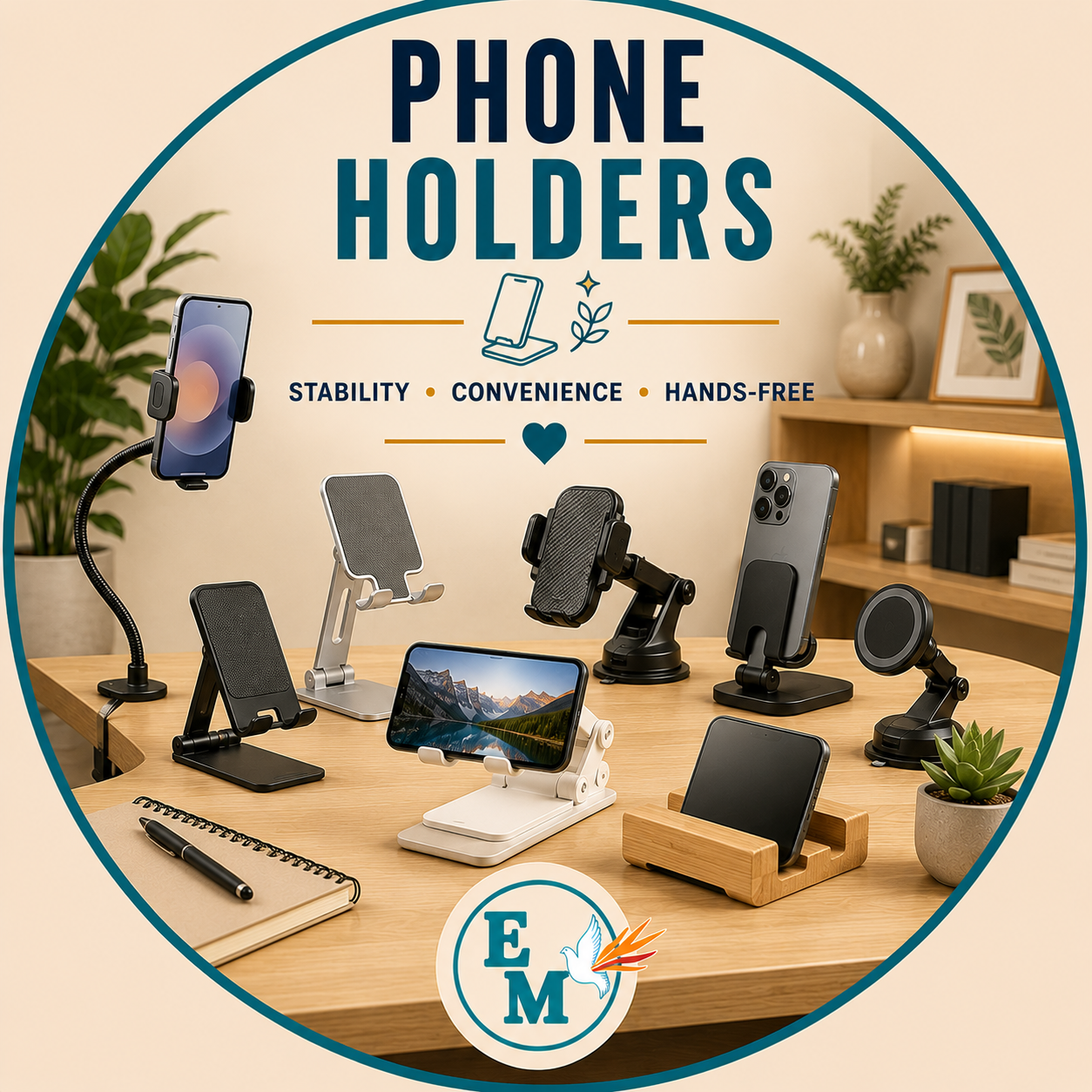 Phone holders including adjustable desk stands, MagSafe holders, car mounts, flexible gooseneck holders, bike phone mounts and tripod smartphone stands – Phone Holders category