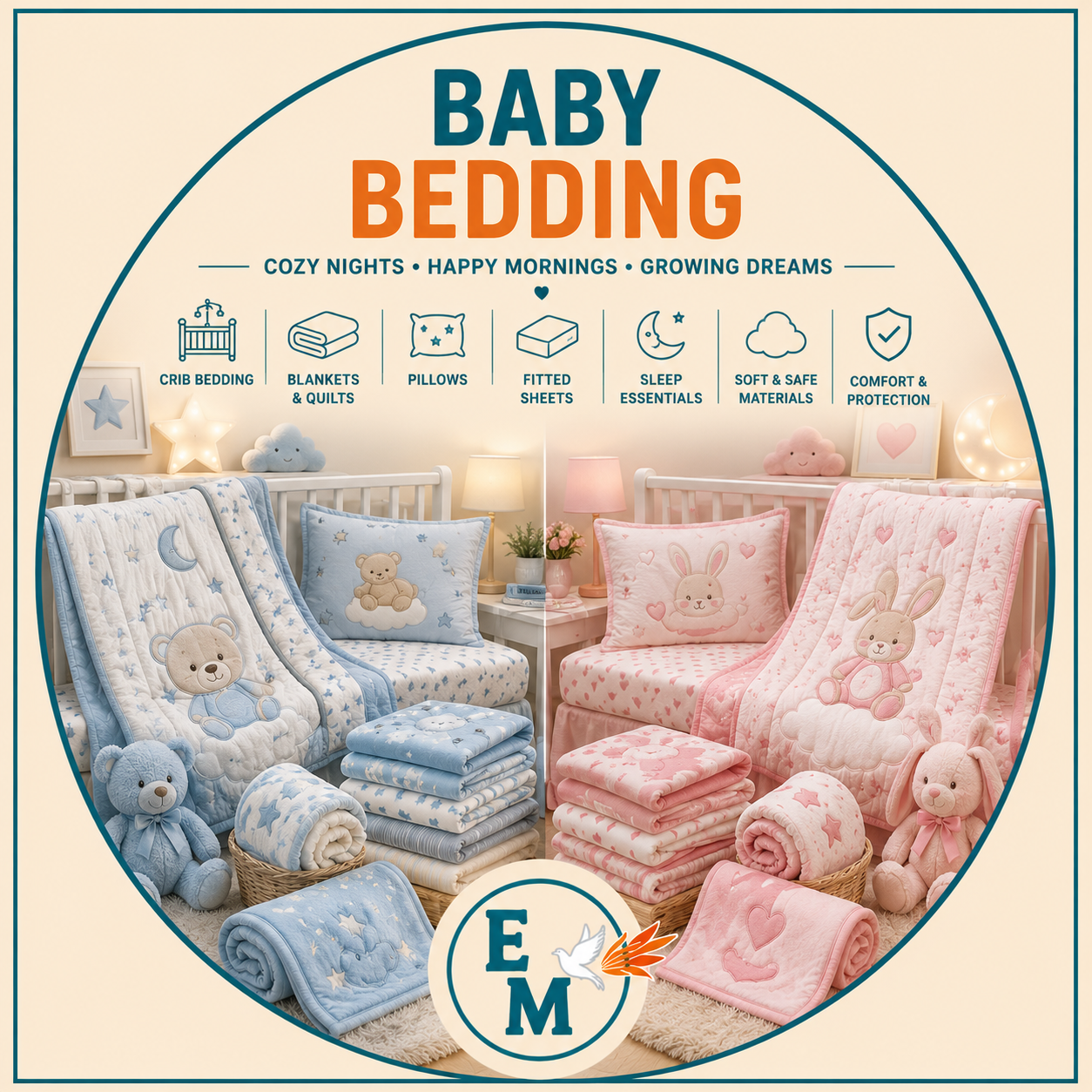 Baby bedding including crib bedding sets, blankets, quilts, pillows, mattress protectors, fitted sheets and nursery bedding essentials – Baby Bedding category – E-Mondial Marché