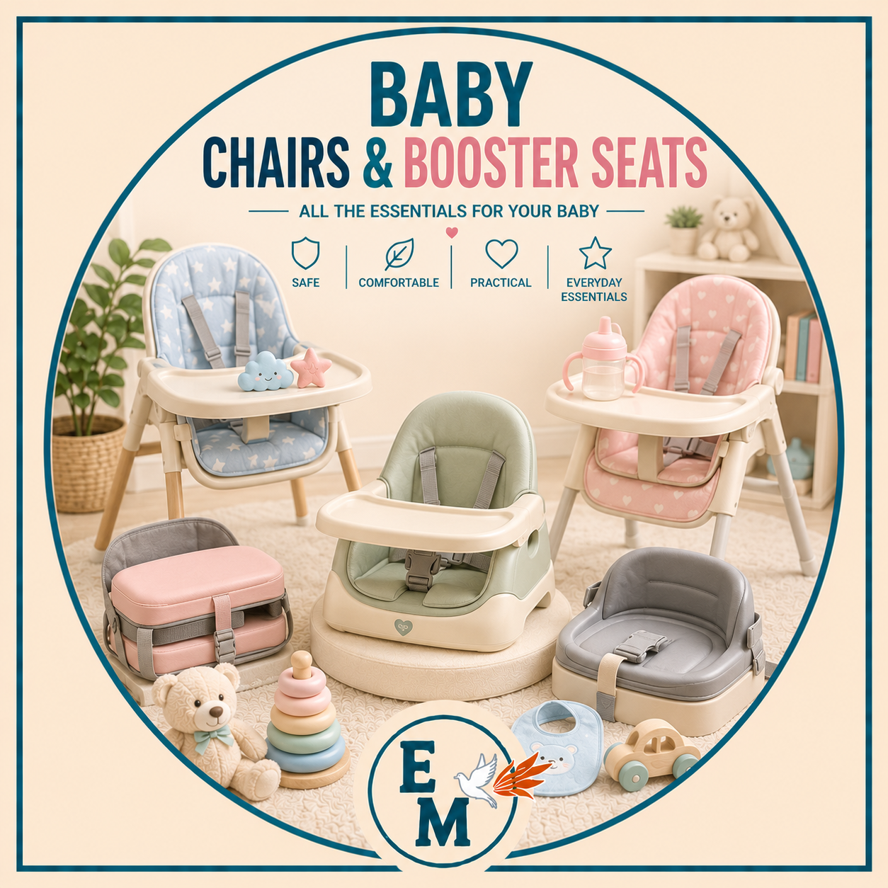 Baby chairs and booster seats including high chairs, portable booster seats, feeding chairs, travel booster seats and infant seating solutions – Baby Chairs & Booster Seats category at E-Mondial Marché.