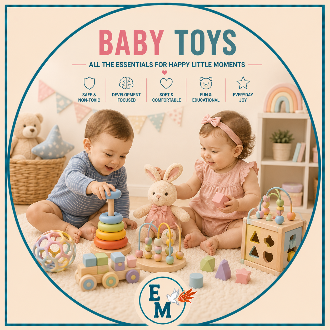 Baby toys including plush toys, wooden toys, activity toys, educational toys, sensory toys and developmental toys for infants – Baby Toys category – E-Mondial Marché