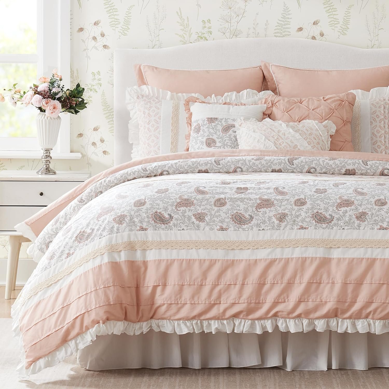Madison Park Dawn 100% Cotton Shabby Chic Comforter Set-Modern Cottage Design All Season Down Alternative Bedding, Matching Shams, Bedskirt, Decorative Pillows, Queen(90"x90"), Blush 9 Piece - Image 2