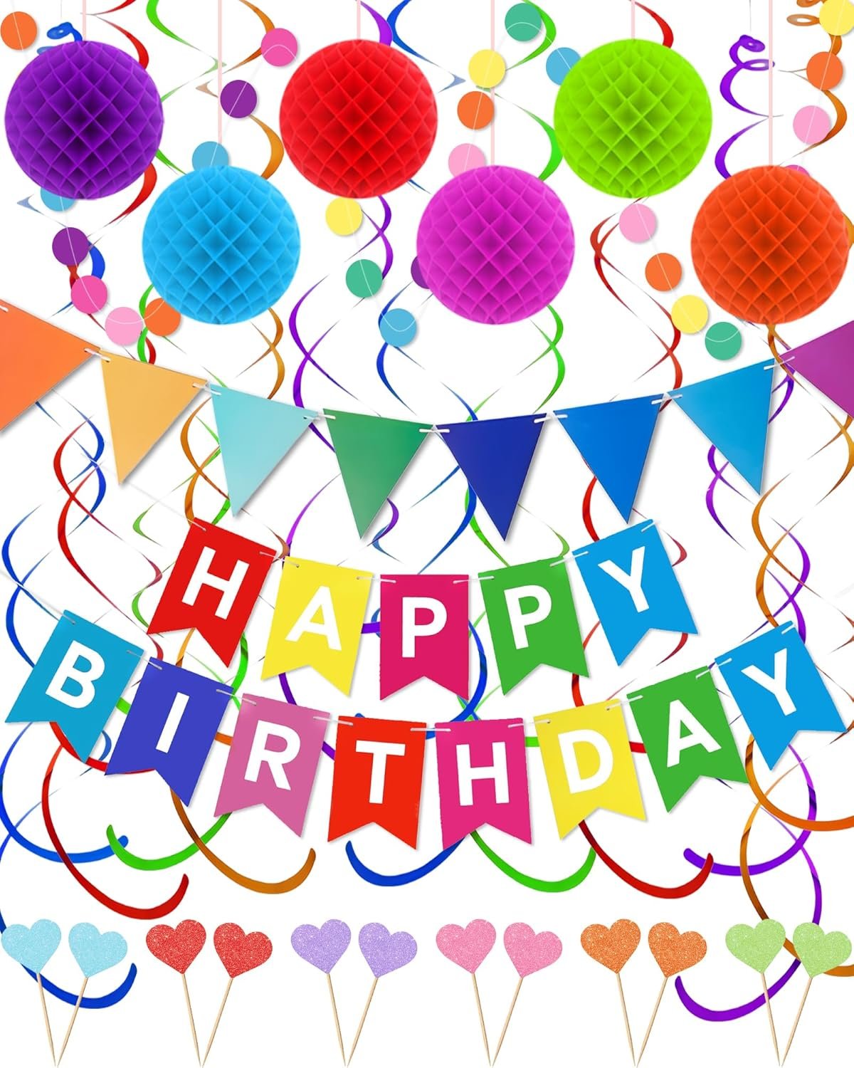 Oomloid Happy Birthday Party Decorations - Colorful Happy Birthday Banner Swirl Streamers Honeycomb Balls Circle Dots Garland Triangle Flag Bunting, Rainbow Decor for Women Men Boys Girls - Image 2