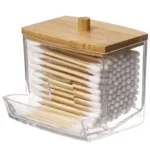 Organize Box Double Head Cotton Swab Storage Box Cotton Container Transparent Square Bamboo Cover Cotton Swab Toothpick