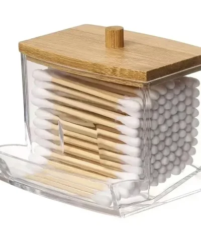Organize Box Double Head Cotton Swab Storage Box Cotton Container Transparent Square Bamboo Cover Cotton Swab Toothpick