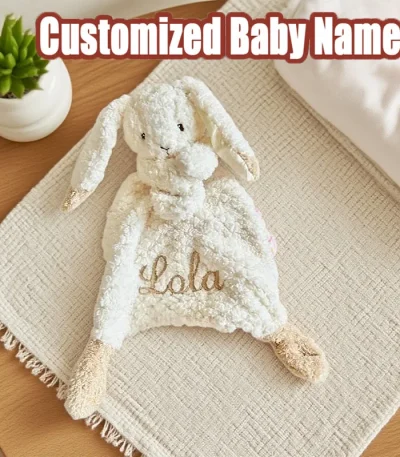 Cute Rabbit Embroidered Name Organic Cotton Soothing Towel Sleeping Doll Personalized Baby Shower Birth Gift for Autumn 2025