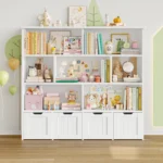 Getone Kids Toy Storage Unit Childrens Bookcase with 4 roller drawers 8 shelves Toy Organiser Kids Bookshelf for Nursery Playroom 125.5x33x118cm White/ Pink