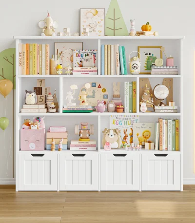 Getone Kids Toy Storage Unit Childrens Bookcase with 4 roller drawers 8 shelves Toy Organiser Kids Bookshelf for Nursery Playroom 125.5x33x118cm White/ Pink