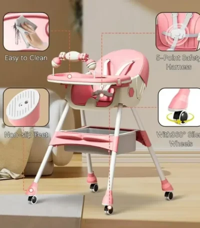 Foldable Baby High Chair 4-in-1 Foldable Reclining Feeding Table Chair Seat 7 Heights With Toyrack Easy To Clean Feeding