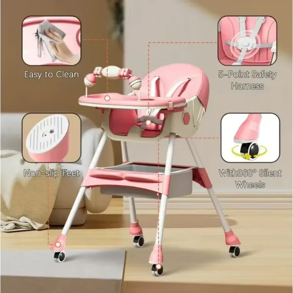 Foldable Baby High Chair 4-in-1 Foldable Reclining Feeding Table Chair Seat 7 Heights With Toyrack Easy To Clean Feeding
