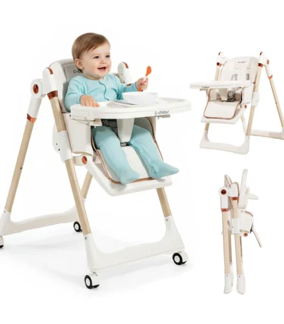 Baby High Chair, 3-in-1 Foldable Booster Seat with Adjustable Height, Recliner, 5-Point Safety Harness, Removable Tray, Lockable 1