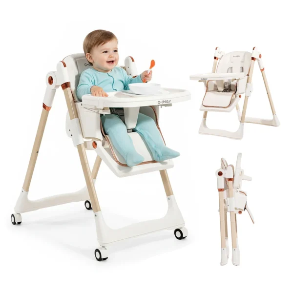 Baby High Chair, 3-in-1 Foldable Booster Seat with Adjustable Height, Recliner, 5-Point Safety Harness, Removable Tray, Lockable