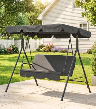 Black Garden Swing with Fabric Canopy for Patio Garden and Balcony Weather-Resistant Outdoor Furniture Set Assembly Required