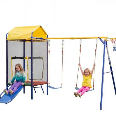 Multifunctional Kids Outdoor Swing Tower Playset with Trampoline, Swing and Slide, Safety Net, Basketball Hoop & Heavy-Duty Iron Frame, Garden Play Equipment for Spanish Backyard