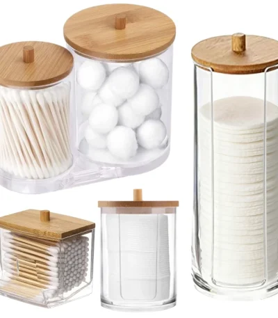 Cotton Swab Storage Box with Bamboo Lid Bathroom Jar Makeup Organizer Round Cotton Pad Holder Transparent Cotton Swab Dispenser