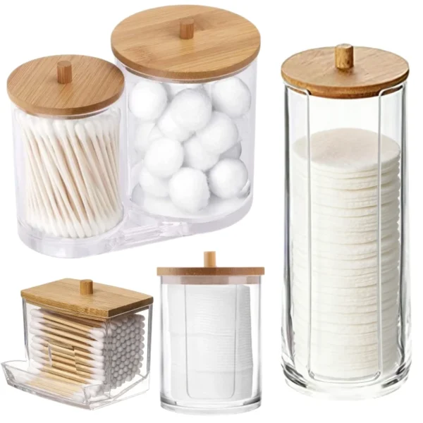 Cotton Swab Storage Box with Bamboo Lid Bathroom Jar Makeup Organizer Round Cotton Pad Holder Transparent Cotton Swab Dispenser