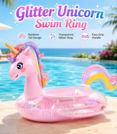 1PC Rainbow Unicorn Inflatable Pool Float Glitter Swim Ring with Handle Transparent Water Float for Pool Beach Summer