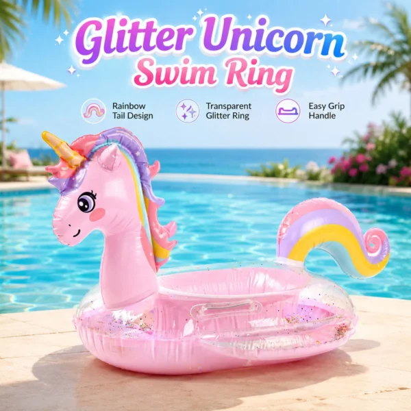 1PC Rainbow Unicorn Inflatable Pool Float Glitter Swim Ring with Handle Transparent Water Float for Pool Beach Summer