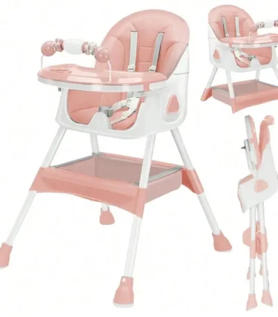 3-In-1 Pink High Chair for Baby Boy Girl,Portable Convertible Collapsible Anti Lop High Chair with Double-Layer Tray & Toy Rack