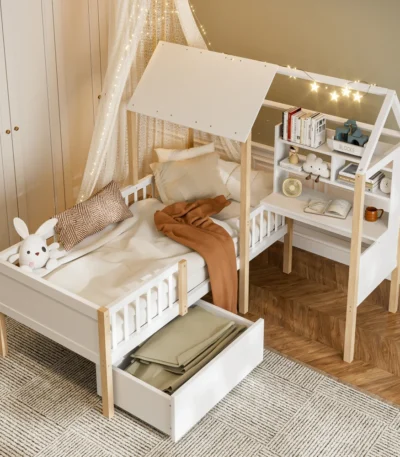 90x200cm Kids’ Bed with Safety Rail  Slat Base – L-Shaped Desk, Bookshelf, Rolling Drawers Solid Wood Multifunctional Cabin Bed