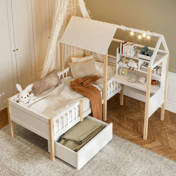 90x200cm Kids’ Bed with Safety Rail  Slat Base – L-Shaped Desk, Bookshelf, Rolling Drawers Solid Wood Multifunctional Cabin Bed
