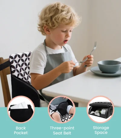 Portable Toddler Booster Seat with 3-Point Safety Harness, Foldable Lightweight Baby Dining Chair Cushion, Non-Slip Base Storage