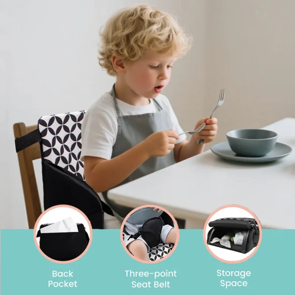 Portable Toddler Booster Seat with 3-Point Safety Harness, Foldable Lightweight Baby Dining Chair Cushion, Non-Slip Base Storage